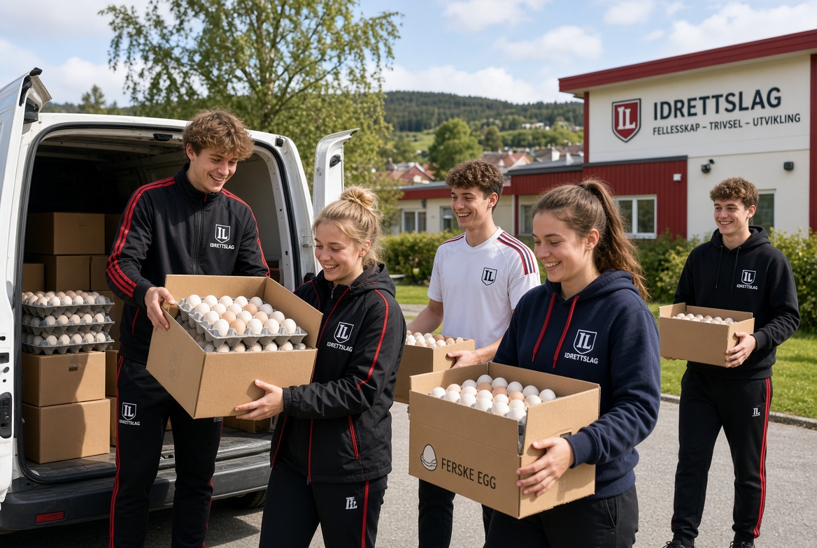 Medlemmer i idrettslaget laster kasser med ferske egg ut av en varebil