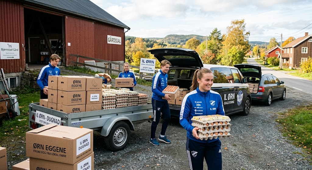 Medlemmer i idrettslaget henter egg og kasser paa gaarden