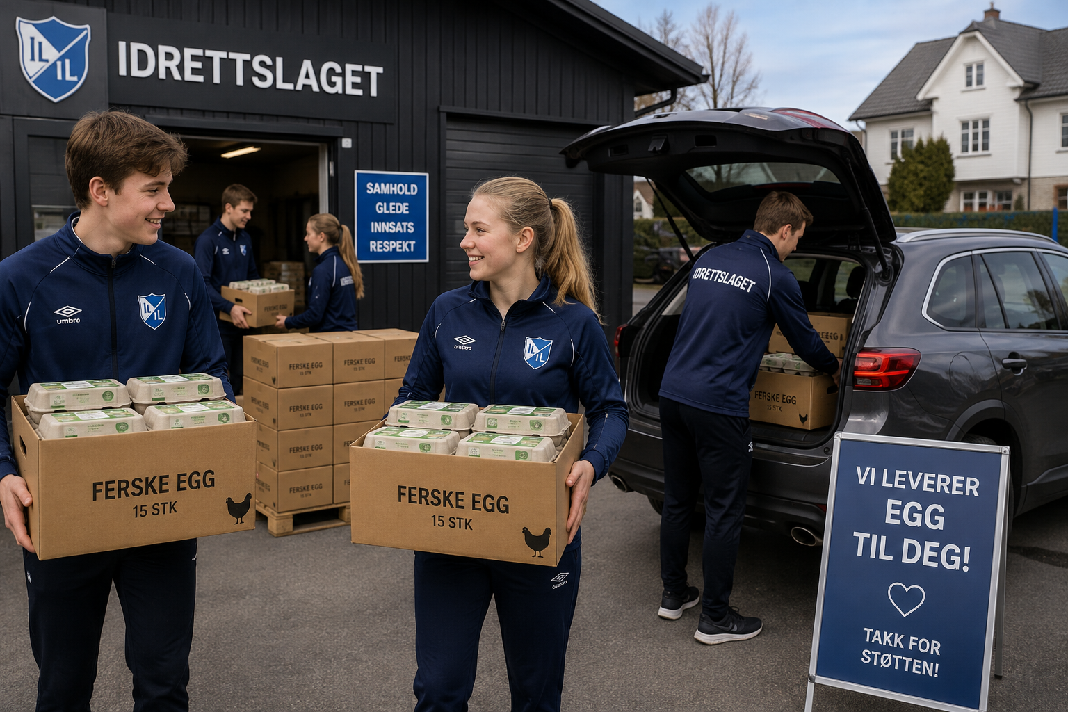 Medlemmer i idrettslaget baerer kasser med ferske egg og laster bilen