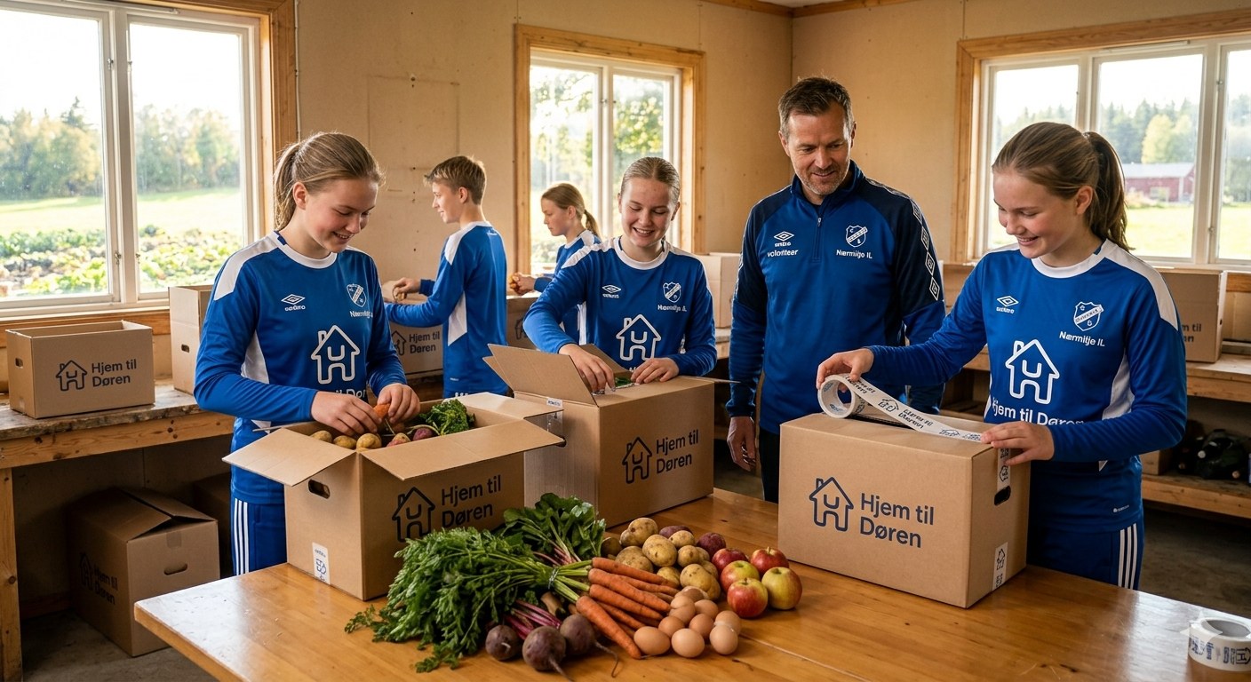 Ungdommer i idrettslaget pakker kasser med kortreiste raavarer